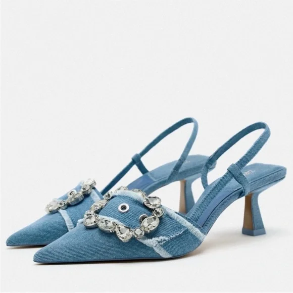 Women's Zara Denim Slingback Heels with Crystal Embellishment - Picture 4 of 12